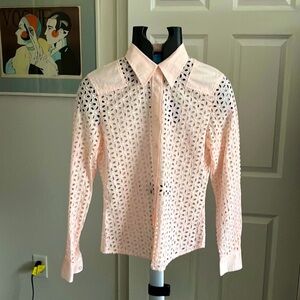 Club Monaco S/XS petite peach long sleeve cotton top blouse shirt button up down